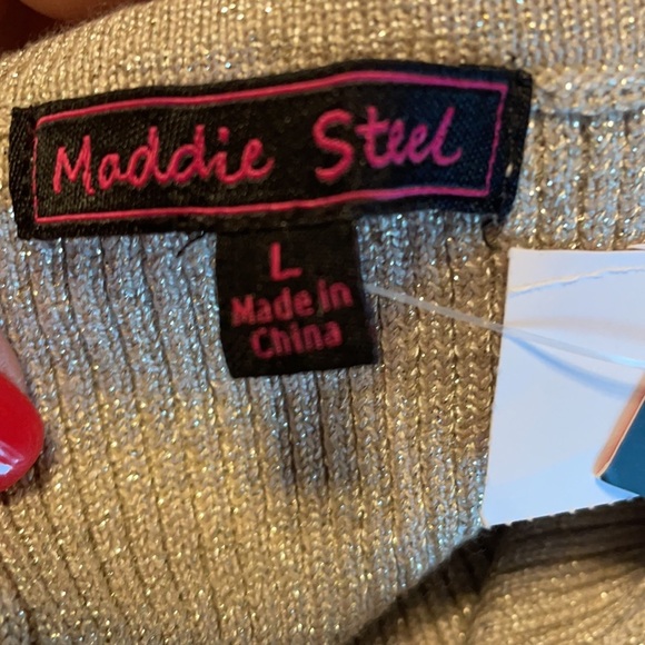 NWT juniors square neck metallic shimmer champagne beige sweater 1/2 sleeve L - Picture 10 of 11